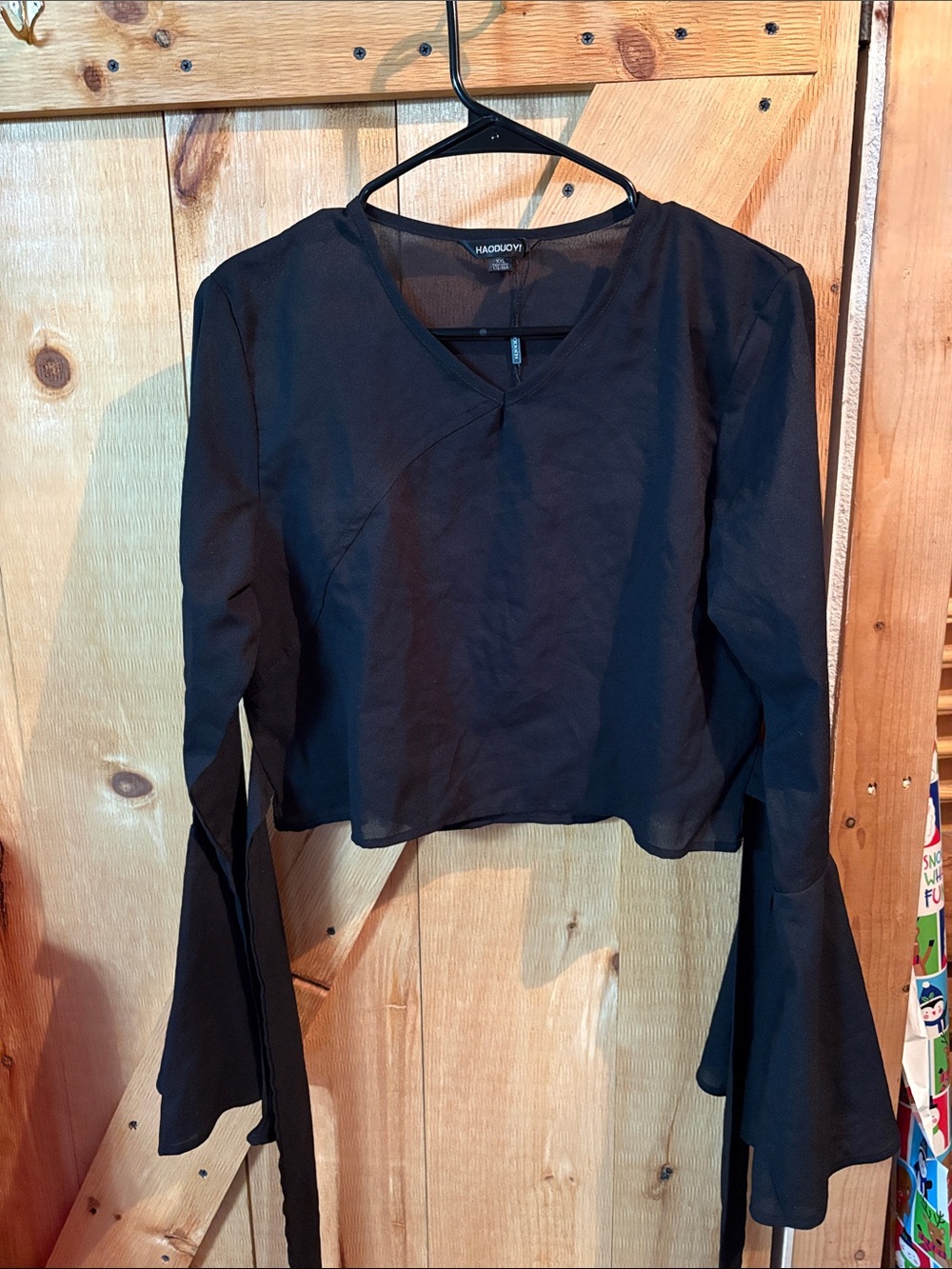 HAODUOYI Black Long-Sleeve Cropped Top with Flared Ties